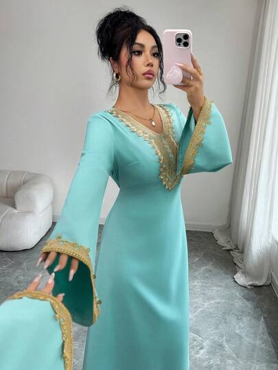 Elenzga Women's Elegant Gold Lace Trim V-Neck Decorative Dress, A-Line Silhouette Accentuates Waistline, Contrast Lace Trim Design, New Spring/Summer Collection, Women's Christmas Party Outfit, Suitable For Valentine's Date, Afternoon Tea, Commute, Party, Thanksgiving, Back To School, Country Music Festival, Date Night, Birthday And Everyday Wear Turquoise Dress Women Women's Dress Arabic Dress