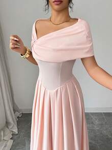 SHEIN Elenzya 不对称领口，腰部收褶，A字型优雅浪漫细节女式连衣裙，饰有水钻纽扣 - 珊瑚粉 - 查看 7