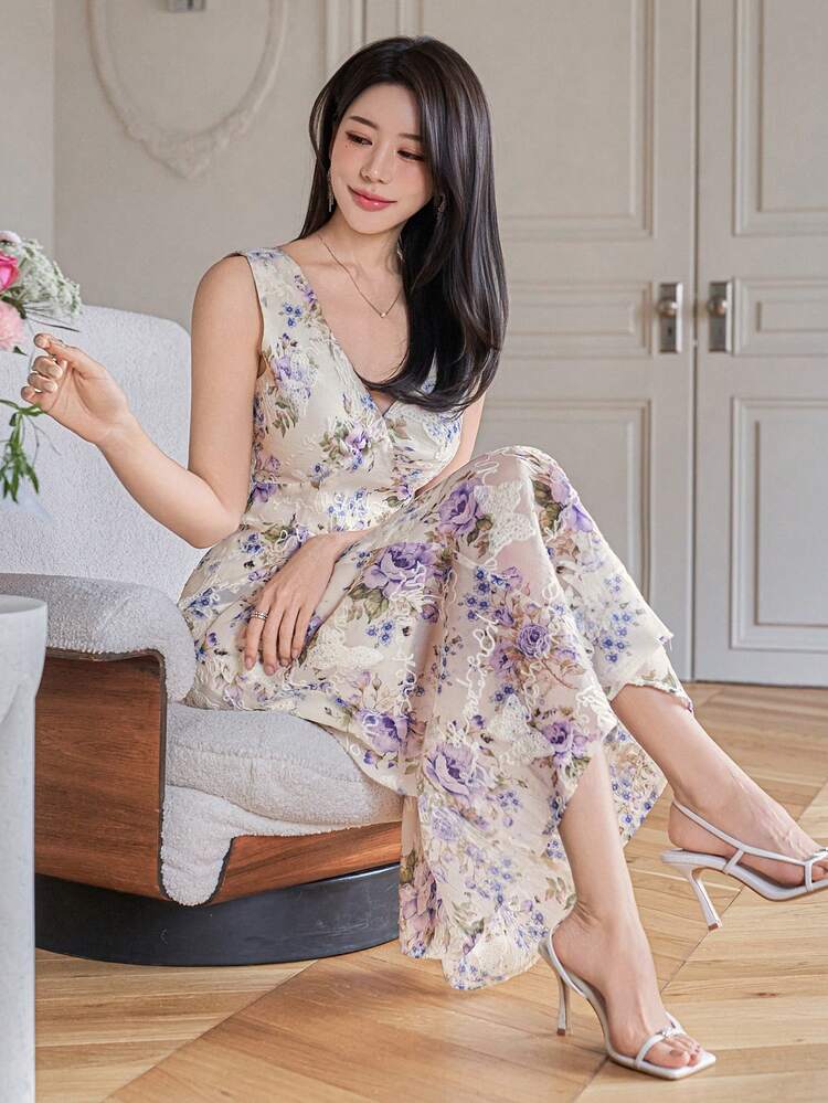 Women's Elegant Floral Print V-Neck Sleeveless Dress, Summer Wedding Guest Dress Sundress