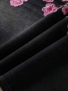 Manfinity Joysei 男士街头时尚梅花刺绣水洗阔腿牛仔裤，垃圾摇滚 - 黑色 - 查看 6