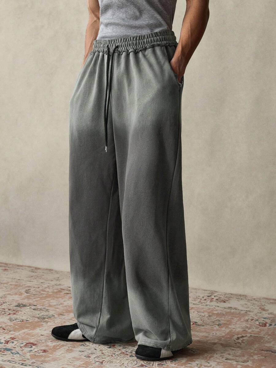 SWAVVY Men's Standard Size Black Washed Casual Loose Wide Leg Pants, Spring/Autumn Wide Leg Sweatpants Loose Grey Sweatpants - Grey - View 1