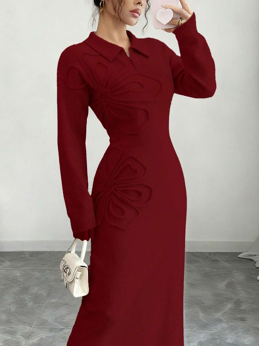 Selianne 女士纯色贴花优雅修身长袖针织毛衣连衣裙 - 酒紅色 - 查看 1