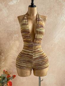 Soleia 女士性感露背深V领太空染色图案连体裤，不含腰带，夏季款 - 彩色 - 查看 6