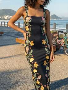 CAJUNI Women's Floral Print Fitted Vacation Dress With Thick Straps - Black - View 4