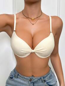 DesireSculpt 1pc Women's Simple Lift & Gather Bra, Versatile Casual Underwear - Beige - View 4