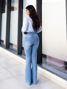 Hindelle 女士牛仔裤休闲紧身弹力喇叭裤蓝色紧身牛仔裤高腰喇叭裤高腰女士牛仔裤夏季 - 淺色水洗藍 - 查看 2