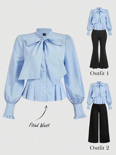 SHEIN MOD Plus Size Blue & White Striped Elegant Commuter Lantern Sleeve Shirt, Bow Tie Waist Design Shirt, Office Outfit.Preppy Outfits,Spring And Summer