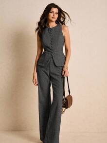 Poéselle 女士休闲、工作、通勤千鸟格印花修身背心和喇叭裤两件套，春夏秋季 - 深灰色 - 查看 6