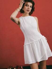 Poéselle 女士纯色圆领荷叶边无袖时尚迷你连衣裙 - 白色 - 查看 2