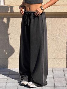 Muchica 女士休闲抽绳水洗黑色阔腿裤 - 黑色 - 查看 3