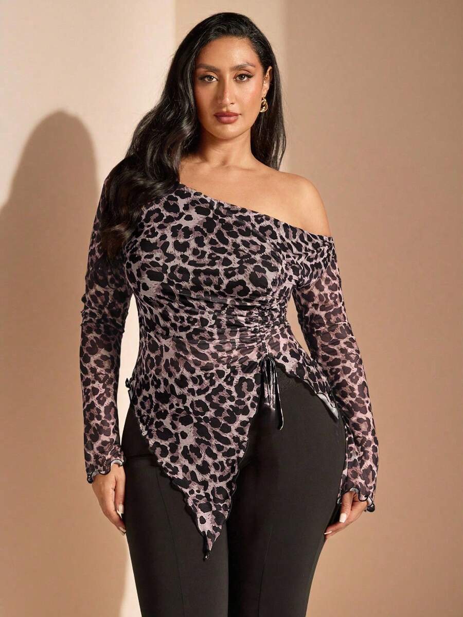 SHEIN BAE Plus Size Women Leopard Print Asymmetrical Neck Drawstring Ruched Fitted Top, Fashionable Streetwear, Spring/Autumn - Dark Grey - View 1
