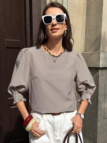 Solivie Women's Casual Loose Fit Round Neck Mid-Sleeve Shirt  Elegant  Striped Blouse Women Blouses Elegant  Summer Holiday Outfits - Khaki - View 7