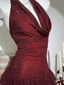 Elamini Women's Sexy Party Metallic Glitter Draped Neck Backless Ruffle Hem Bodycon Mini Dress, Summer - Burgundy - View 6
