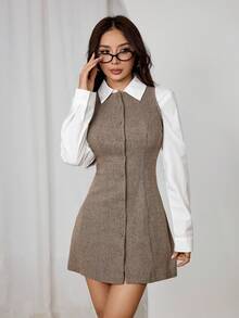 SHEIN PETITE 女士时尚前扣无袖迷你连衣裙，适合通勤、学院风、棕色系、粗花呢连衣裙、棕色半身裙、格子半身裙、正式连衣裙、优雅毕业礼服、外出装扮、新年女装、国庆女装、万圣节服装、圣诞节 - 棕色 - 查看 9
