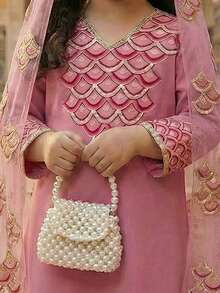 SHEIN 粉色碎花阿拉伯长袍，优雅的花领，休闲简约的传统长袖阿拉伯连衣裙，适合春夏穿着，优雅端庄的长袖连衣裙，祈祷长袍，舒适休闲，度假风，端庄的卡夫坦长袍，儿童阿拉伯长袍，少女长袍 - 彩色 - 查看 4