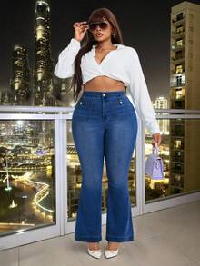 Slaydiva 大码女式弹力水洗牛仔裤，休闲舒适修身喇叭裤，浅蓝色牛仔裤 - 深色水洗藍 - 查看 3