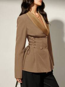 Aveloria Modichic Áo blazer nữ bằng vải satin phối nhiều mảnh, kiểu dáng thanh lịch, thắt dây, thích hợp cho phong cách thường ngày. - Màu Khaki - Xem 4
