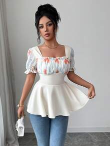 Elenzga Summer Apricot Square Neck Fashionable Luxury High-End Unique Elegant Pleated Waist Puff Sleeve Blouse - Apricot - View 6