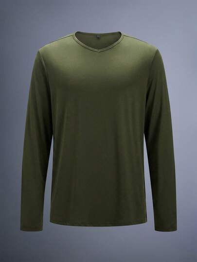 Driftmere 男士纯色V领长袖休闲T恤，春夏款，舒适柔软的运动T恤，休闲运动风，时尚运动装