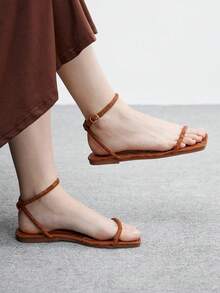 CUCCOO BIZCHIC Square Toe Minimalist Strap Flat Sandals For Women, Simple Fashion Commute Outdoor Summer Vacation Footwear Summer Shoes - Aurora Brown - View 8