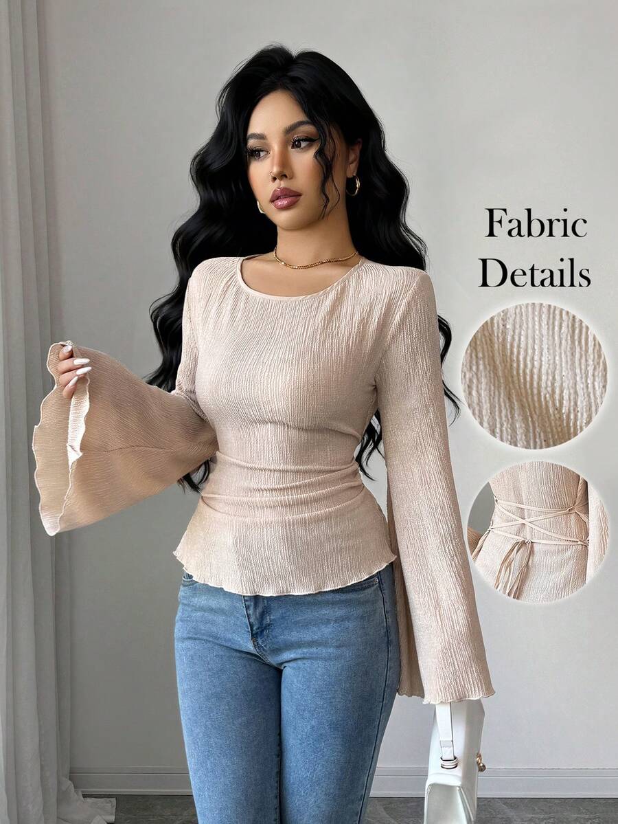 Elenzga Áo thun dài tay đơn giản cổ tròn, eo thon, tay loe, chất liệu jacquard dành cho nữ, thích hợp cho đầu xuân. - Màu Khaki - Xem 1