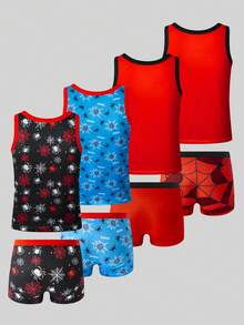 4件套男童简约蜘蛛印花舒适无袖背心和四角内裤套装 - 彩色 - 查看 2