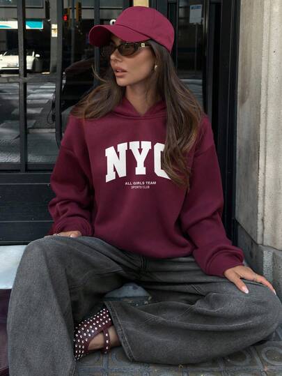  Aloruh Dam Höst/Vinter NYC Bokstavstryck Avslappnad Pullover Sweatshirt, Lös Passform Pullover Huvtröja, Modern & Mångsidig, Lämplig För Gatu- Och Flygplatskläder, Höst
