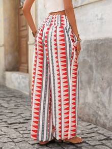 Brillora Women's White And Black Geometric Print High Waist Drawstring Wide Leg Pants,Summer Boho Vacation Holiday Beach Bohemian Style Slant Pocket Pants - Red - View 2