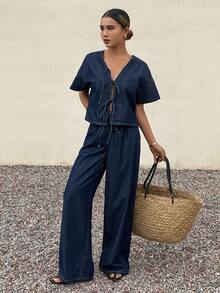 Livesso Women's Summer Short Sleeve Tie Front Top And Loose Fit Denim Pants Set - Blue - View 3