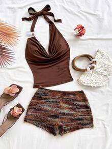 Soleia Spring/Summer New Casual Vacation Western Beach Wedding Guest Attire Graduation Brunch Women's Outfit, St. Patrick's Day Spring Break Easter Music Festival Elegant Bohemian Tropical Halter Tie Metallic Beaded 2 Pieces Set, Brown,Summer Holiday Outfits ,Summer Outfits For Women,Beach Outfit - Multicolor - View 1