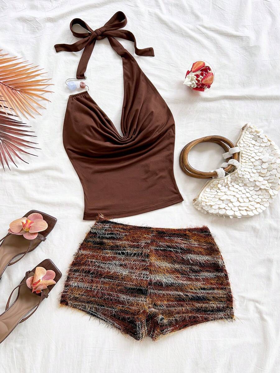 Soleia Spring/Summer New Casual Vacation Western Beach Wedding Guest Attire Graduation Brunch Women's Outfit, St. Patrick's Day Spring Break Easter Music Festival Elegant Bohemian Tropical Halter Tie Metallic Beaded 2 Pieces Set, Brown,Summer Holiday Outfits ,Summer Outfits For Women,Beach Outfit - Multicolor - View 1