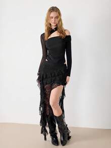 Ardnt Sexy Cutout Mesh Patchwork Long Sleeve Romper, Waist Cinched Asymmetric Neckline Fashion Off-Shoulder Party Chic Bodysuit For Women - Black - View 4