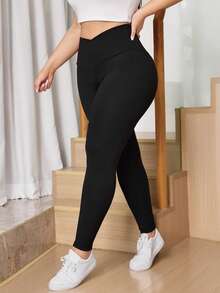 SHEIN Tall CURVE 大码女式纯色不对称腰带休闲百搭日常黑色打底裤高腰无缝打底裤，舒适紧身春季女装 - 黑色 - 查看 5