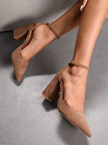 CUCCOO SZL 女鞋粗跟踝带简约百搭派对宴会日常尖头高跟鞋 - 駝色 - 查看 1