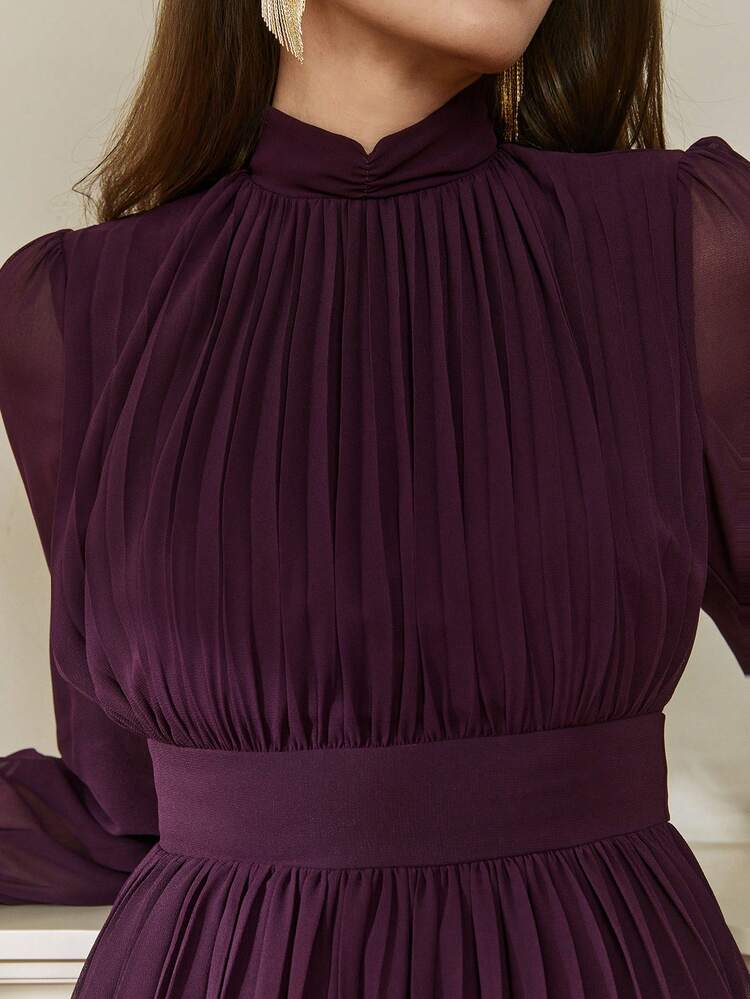 Women's Solid Color Stand Collar Puff Sleeve Pleated Elegant Dress Business Casual Woman Sundress