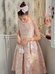 DAZY Tween Girl Floral Jacquard Round Neck Pleated Design Fashionable Elegant Sleeveless Party Dress