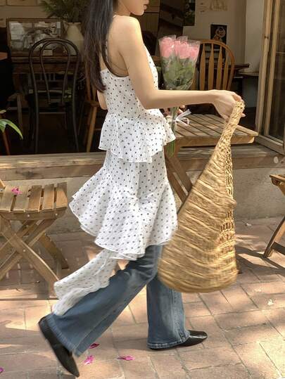 DAZY ウィメンズ ミニ ドット柄 韓国風 フリル トリム キャミソールドレス、春夏秋に適しています