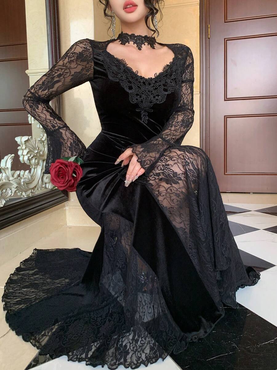 DAZY Đầm dài tay xòe phối ren thanh lịch dành cho nữ, thích hợp cho mùa xuân/hè, ngày Valentine hoặc dự tiệc cưới. - màu đen - Xem 1