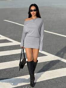 SHEIN PETITE Đầm ôm sát tay dài trễ vai bằng cashmere mới cho mùa xuân hè dành cho nữ, phong cách Y2K, thời trang đường phố. - Xám - Xem 10