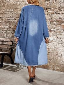 SHEIN LUNE Women's Round Neck Frayed Pocket Distressed Design Fashion Vacation Party Long Sleeve Denim Dress - Blue - View 3