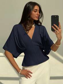 Aloruh Elegant Solid Color Crew Neck Short Sleeve Blouse, Minimalist Loose Fit, Bowknot Tie Back Design, Versatile For Office Commute, Apricot - Navy Blue - View 7