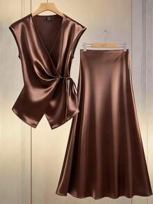 GlowEve 女士优雅缎面裹身系带无袖上衣和半裙两件套 - 咖啡棕 - 查看 7