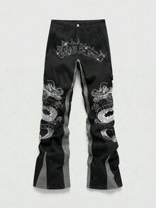 ROMWE MEN Street Life Men's Dragon Embroidery Patchwork Contrast Color Layered Flare Jeans - Black - View 1