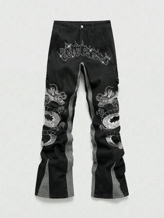 Street Life Men's Dragon Embroidery Patchwork Contrast Color Layered Flare Jeans