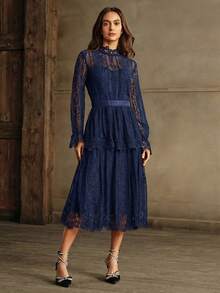 Anewsta Elegant Lace Dress, Spring And Autumn Maxi Women Outfit - Navy Blue - View 4