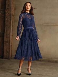 Anewsta Elegant Lace Dress, Spring And Autumn Maxi Women Outfit - Navy Blue - View 6
