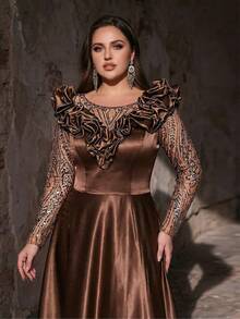 Glamrae Plus Size Elegant Romantic Brown Round Neck Cloud Decor Long Sleeve Sheer Luxury Sequin Patchwork A-Line Wedding Dress, Suitable For Wedding, Party, Celebration, Formal Events, Gala Dinner (Heavily Embellished Design)
