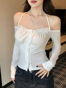 DAZY Áo thun dài tay ôm dáng phối ren dành cho nữ - trắng - Xem 2