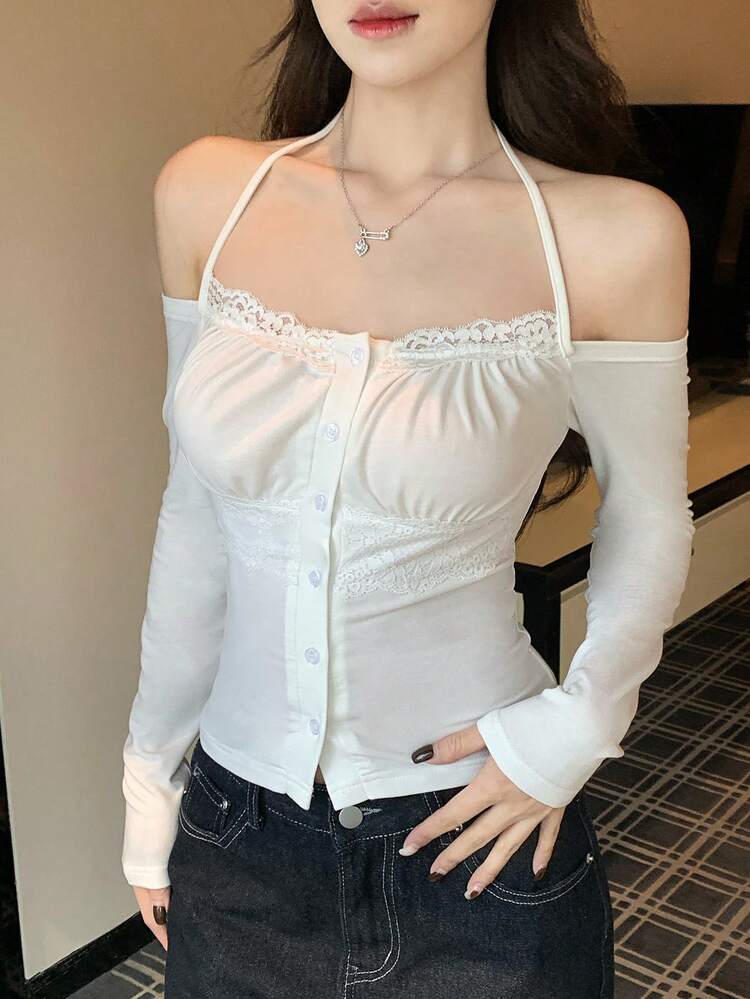 Women's Lace Patchwork Long Sleeve Fitted T-Shirt