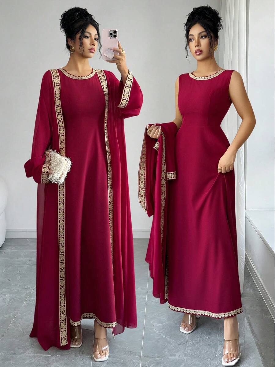 Elenzga Urban Chic New Women's Red Sleeveless Fitted Dress With Gold Ribbon, Loose Long Sleeve Maxi Cover Up, Suitable For Daily Wear, Weddings, Galas, Commute, Graduation Parties, Holidays, Dates, Parties, Halloween, Christmas, New Year, Thanksgiving, Wedding Guest Outfits - Red - View 1